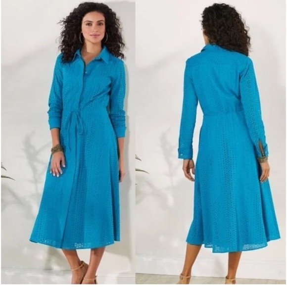 SOFT SURROUNDINGS Women's Midi Length Marisol Dress Blue Size Medium Eyelet - Picture 1 of 9